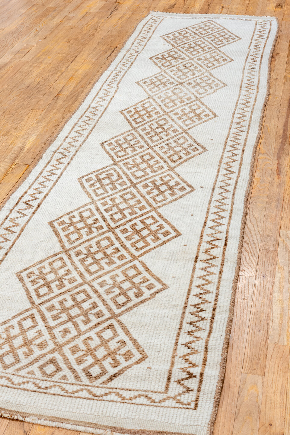 2' x 10' one-of-a-kind handmade vintage Kars runner rug. Color palette: ivory, taupe, brown, beige, gray