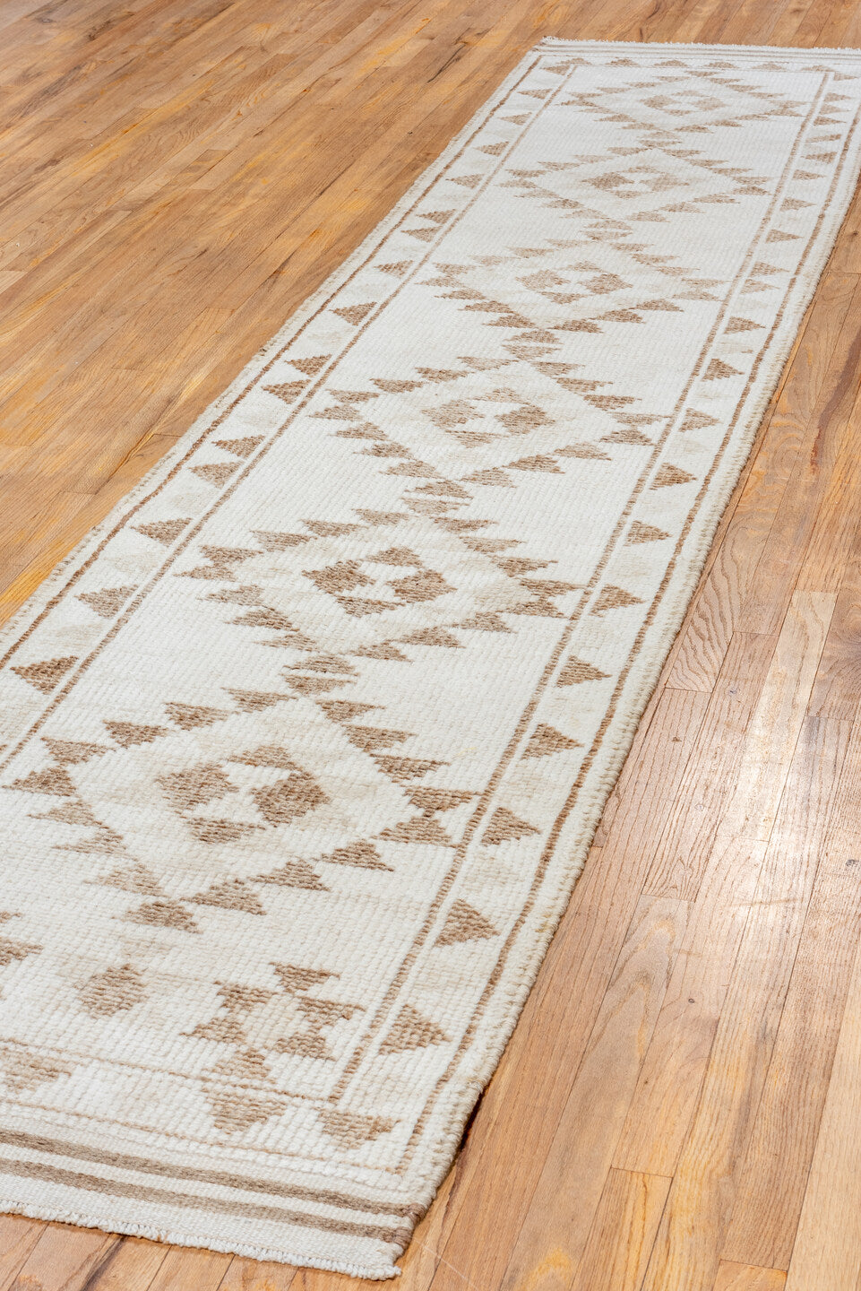 2' x 12' one-of-a-kind handmade vintage Kars runner rug. Color palette: ivory, taupe, beige, camel, gray