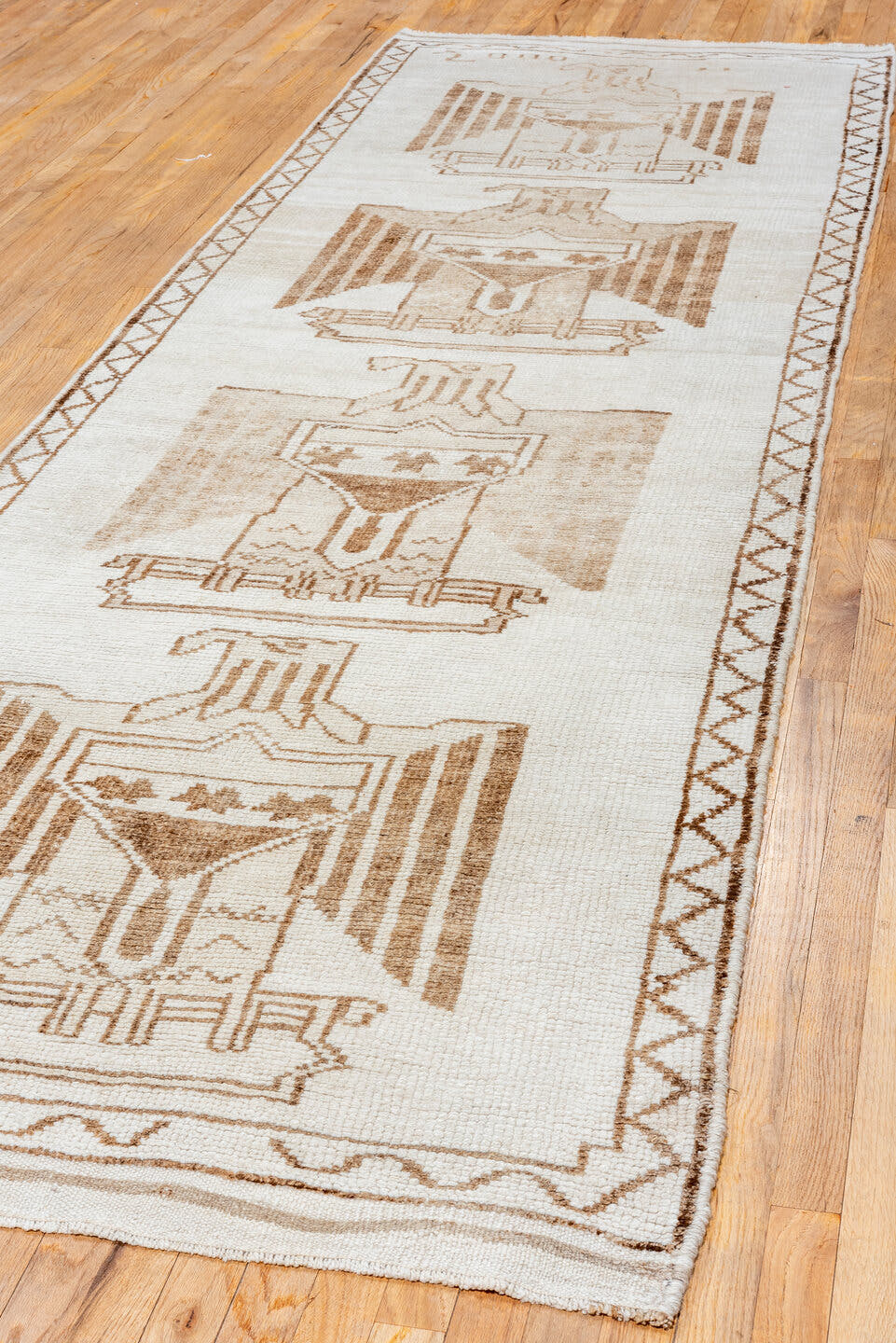 3' x 12' one-of-a-kind handmade vintage Kars runner rug. Color palette: ivory, taupe, brown, camel, beige, gray