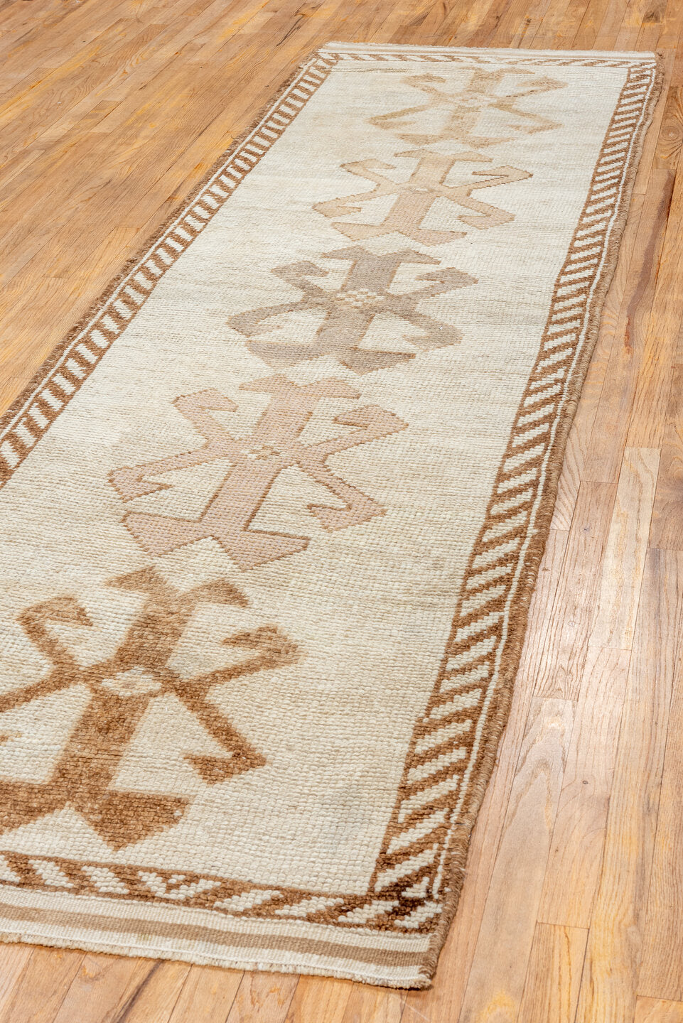 3' x 11' one-of-a-kind handmade vintage Kars runner rug. Color palette: antiquewhite, brown, gray, off-white, orange, pink