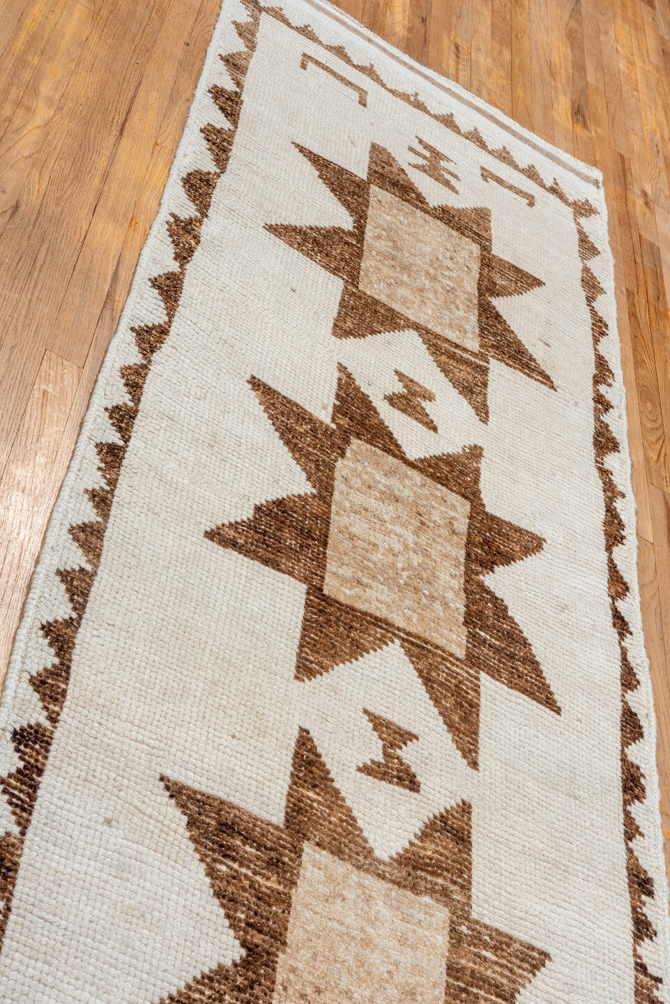 3' x 11' one-of-a-kind handmade vintage Kars runner rug. Color palette: ivory, taupe, brown, camel, beige, gray