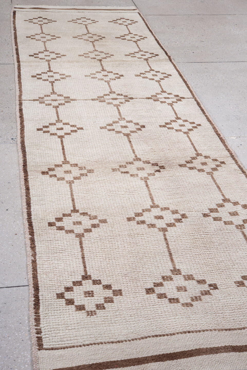 3' x 11' one-of-a-kind handmade vintage Kars runner rug. Color palette: ivory, taupe, brown, camel, beige, gray