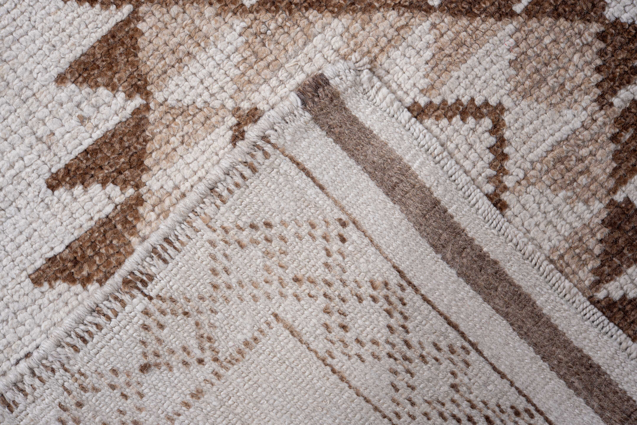 3' x 12' one-of-a-kind handmade vintage Kars runner rug. Color palette: brown, dark gray, gainsboro, gray, light gray