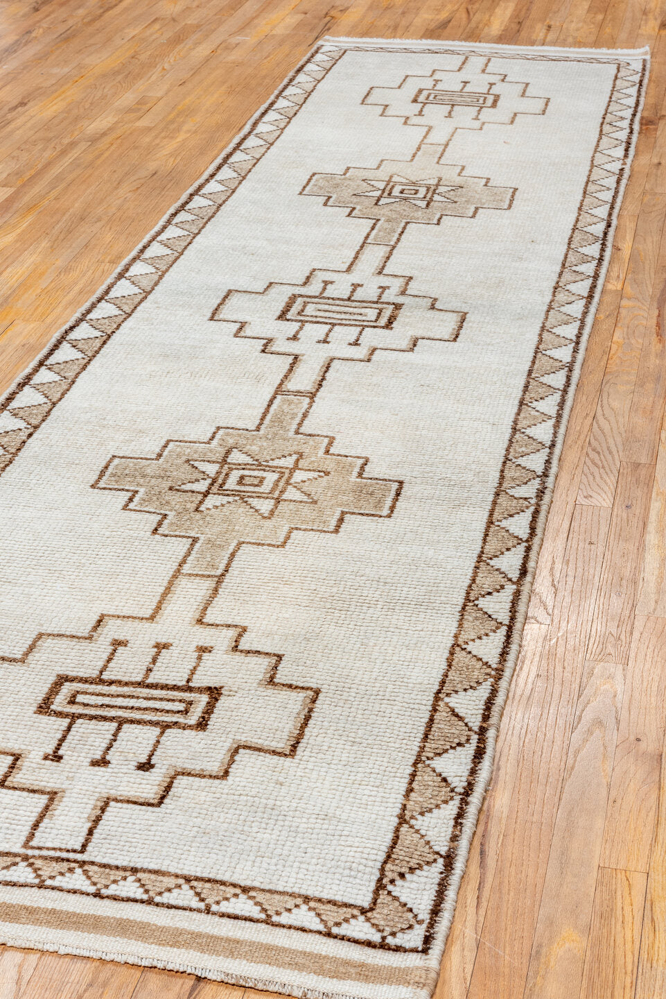 3' x 12' one-of-a-kind handmade vintage Kars runner rug. Color palette: brown, gainsboro, gray, light gray, linen, off-white