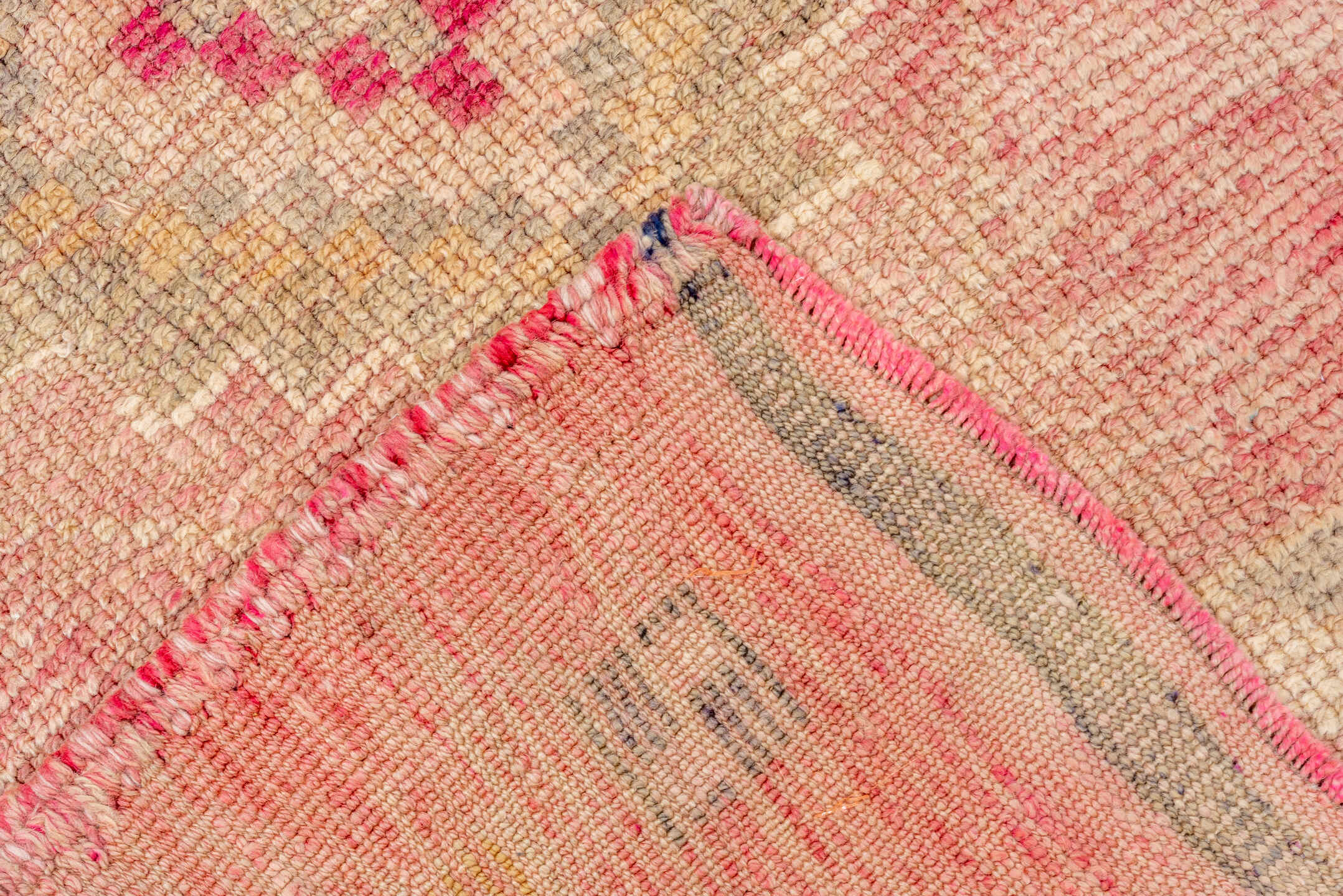 3' x 10' one-of-a-kind handmade vintage Kars runner rug. Color palette: brown, off-white, orange, pink, red, snow, white