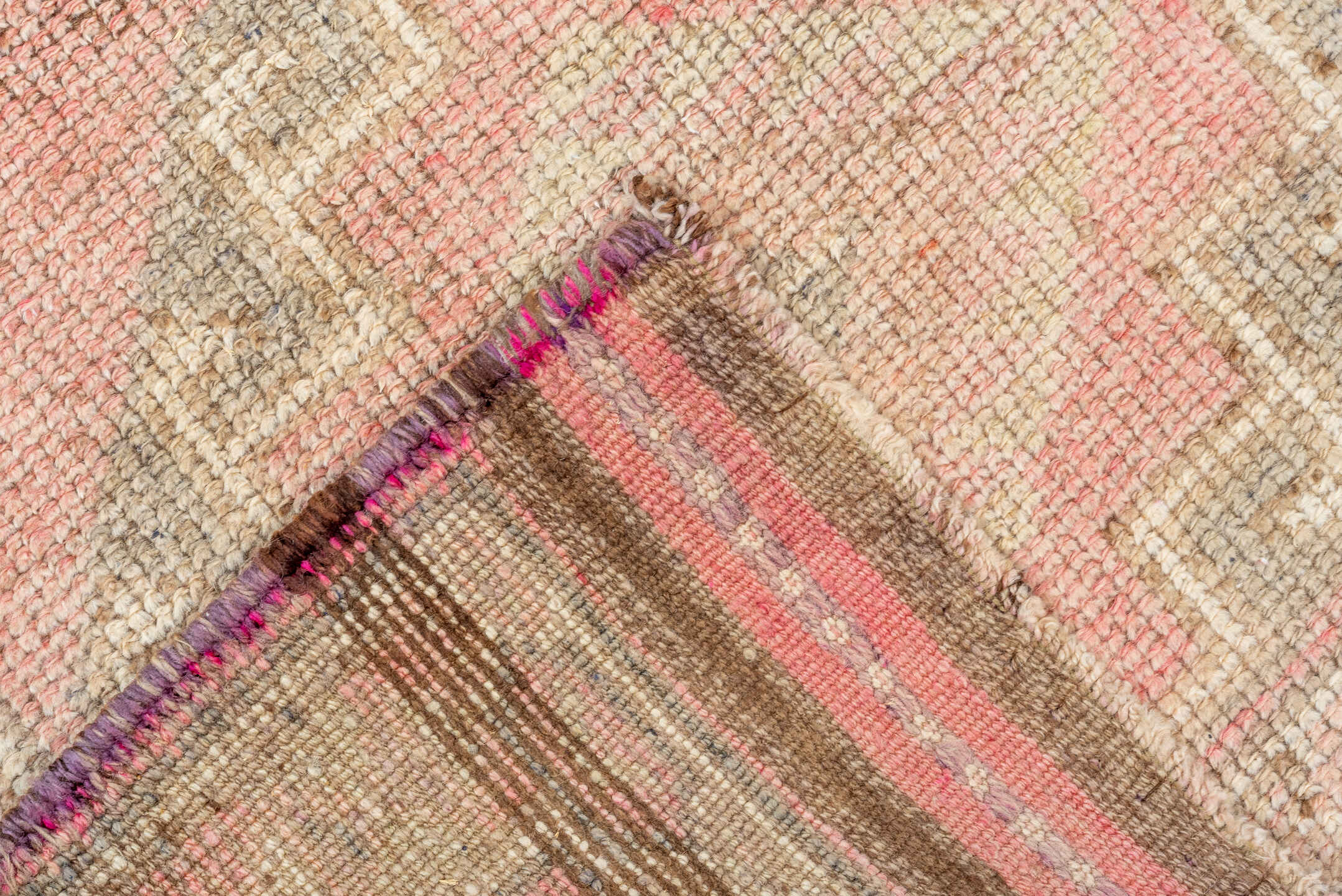 3' x 10' one-of-a-kind handmade vintage Kars runner rug. Color palette: brown, off-white, orange, pink, red, snow, white