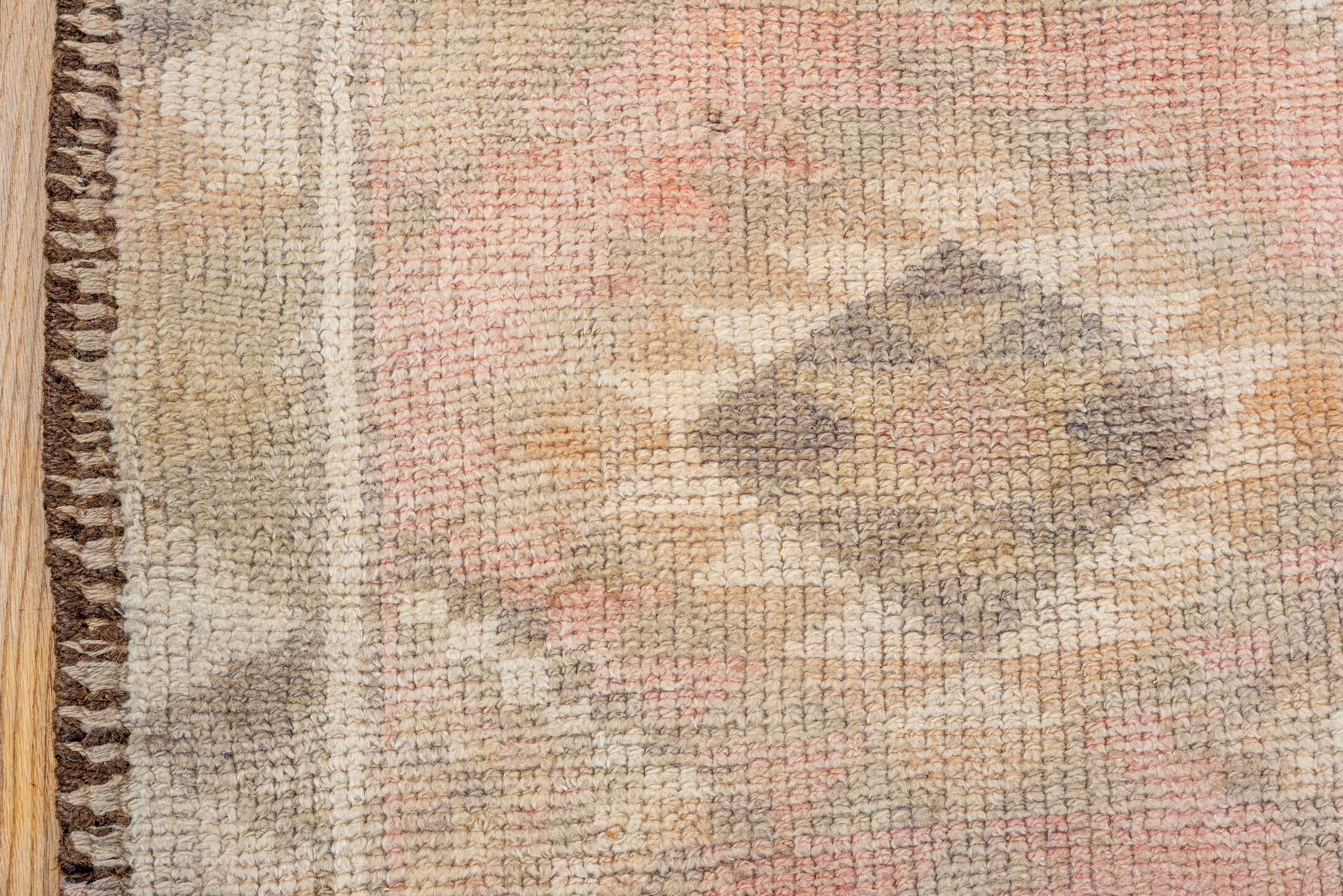 2' x 12' one-of-a-kind handmade vintage Kars runner rug. Color palette: brown, off-white, orange, pink, snow, white