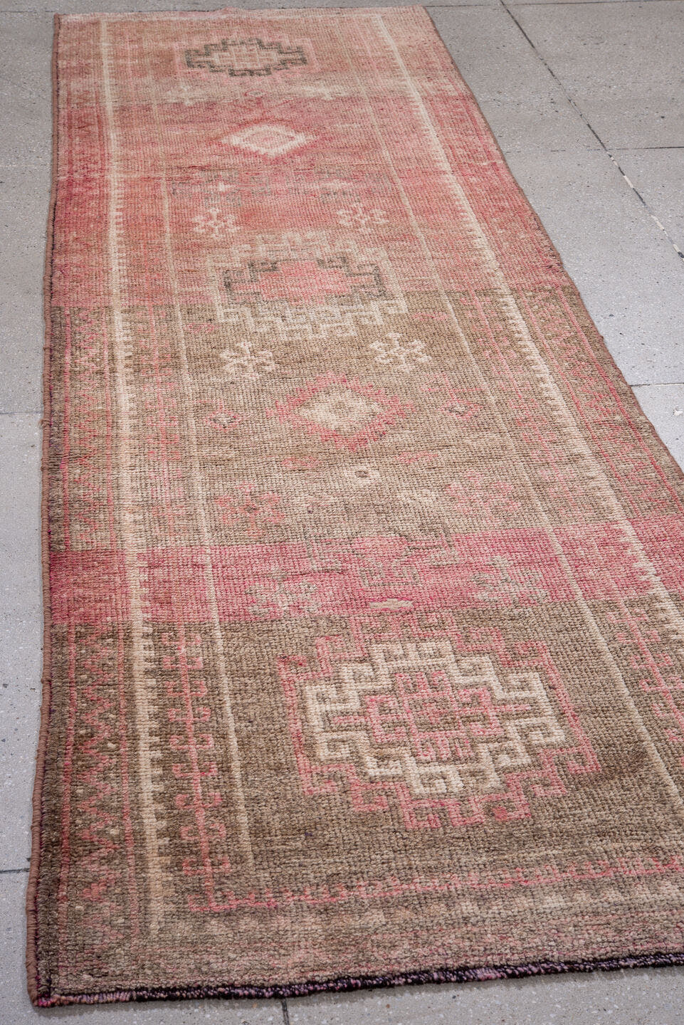 3' x 9' one-of-a-kind handmade vintage Kars runner rug. Color palette: rose, taupe, ivory, dusty pink, soft brown, charcoal
