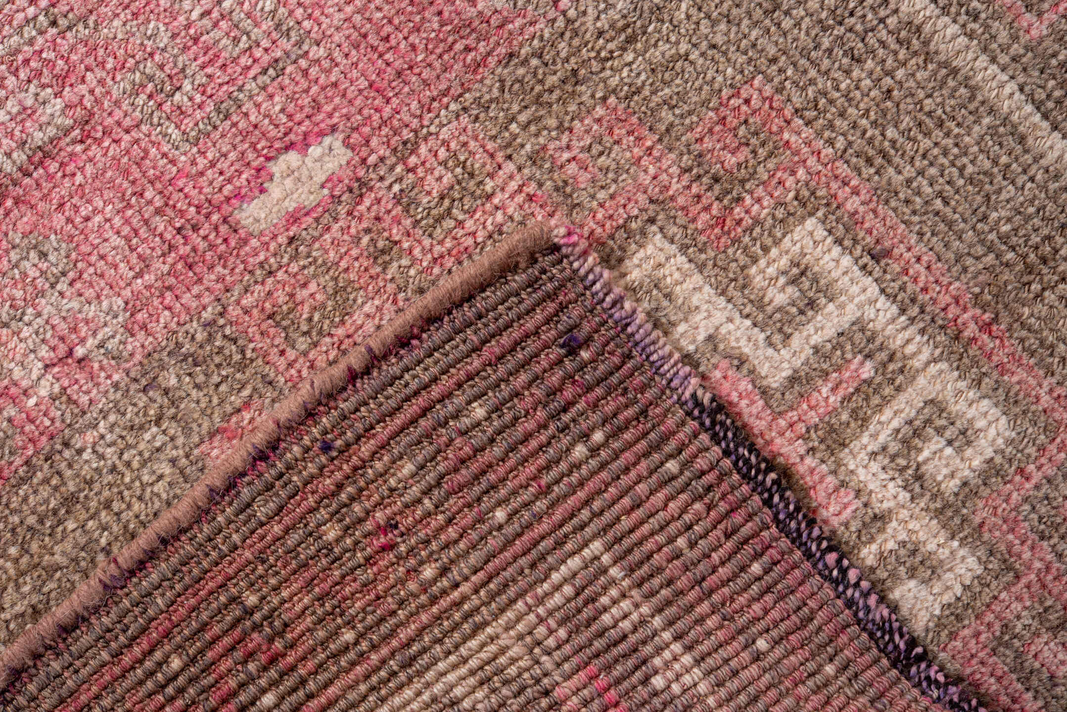 3' x 9' one-of-a-kind handmade vintage Kars runner rug. Color palette: rose, taupe, ivory, dusty pink, soft brown, charcoal