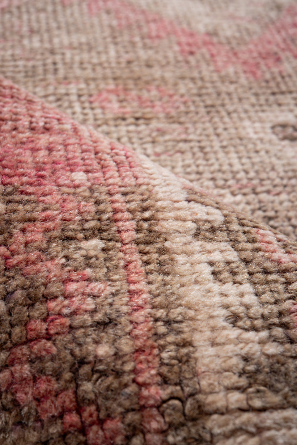 3' x 9' one-of-a-kind handmade vintage Kars runner rug. Color palette: rose, taupe, ivory, dusty pink, soft brown, charcoal