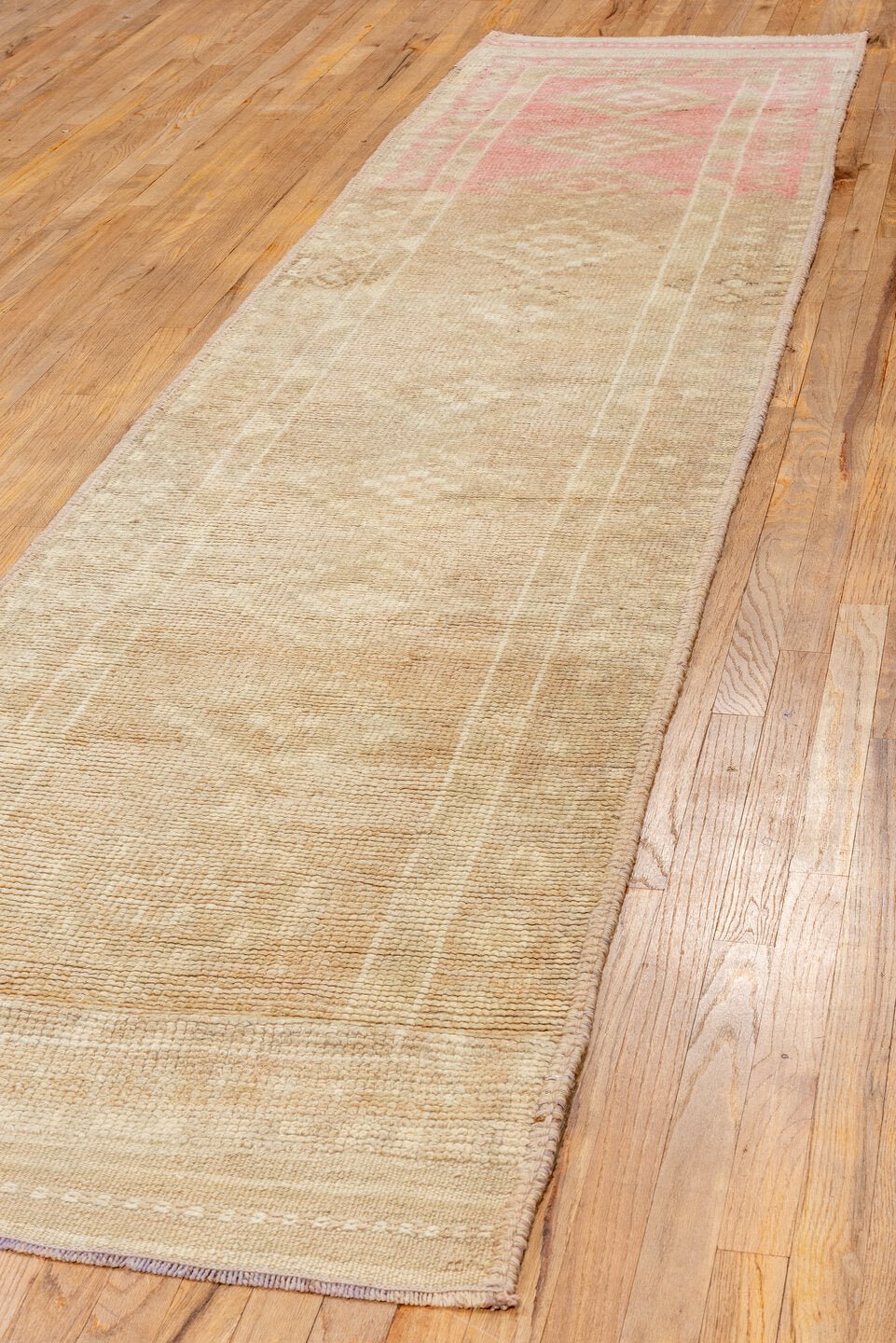 2' x 12' one-of-a-kind handmade vintage Kars runner rug. Color palette: bisque, brown, burlywood, dark salmon, off-white