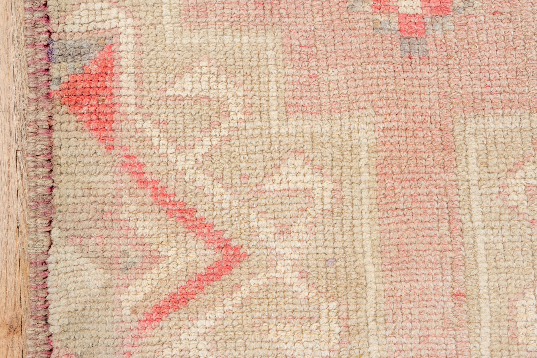 3' x 10' one-of-a-kind handmade vintage Kars runner rug. Color palette: antiquewhite, brown, off-white, orange, pink, red