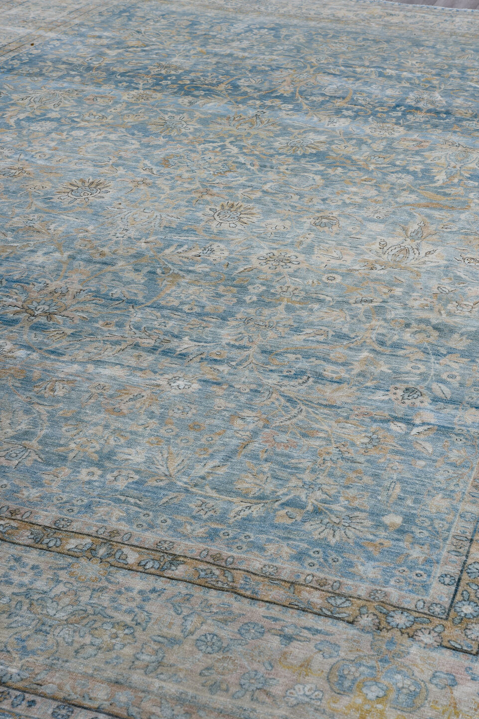 9' x 14' one-of-a-kind handmade vintage Kerman large size rug. Color palette: blue, dark gray, dim gray, gray, light blue