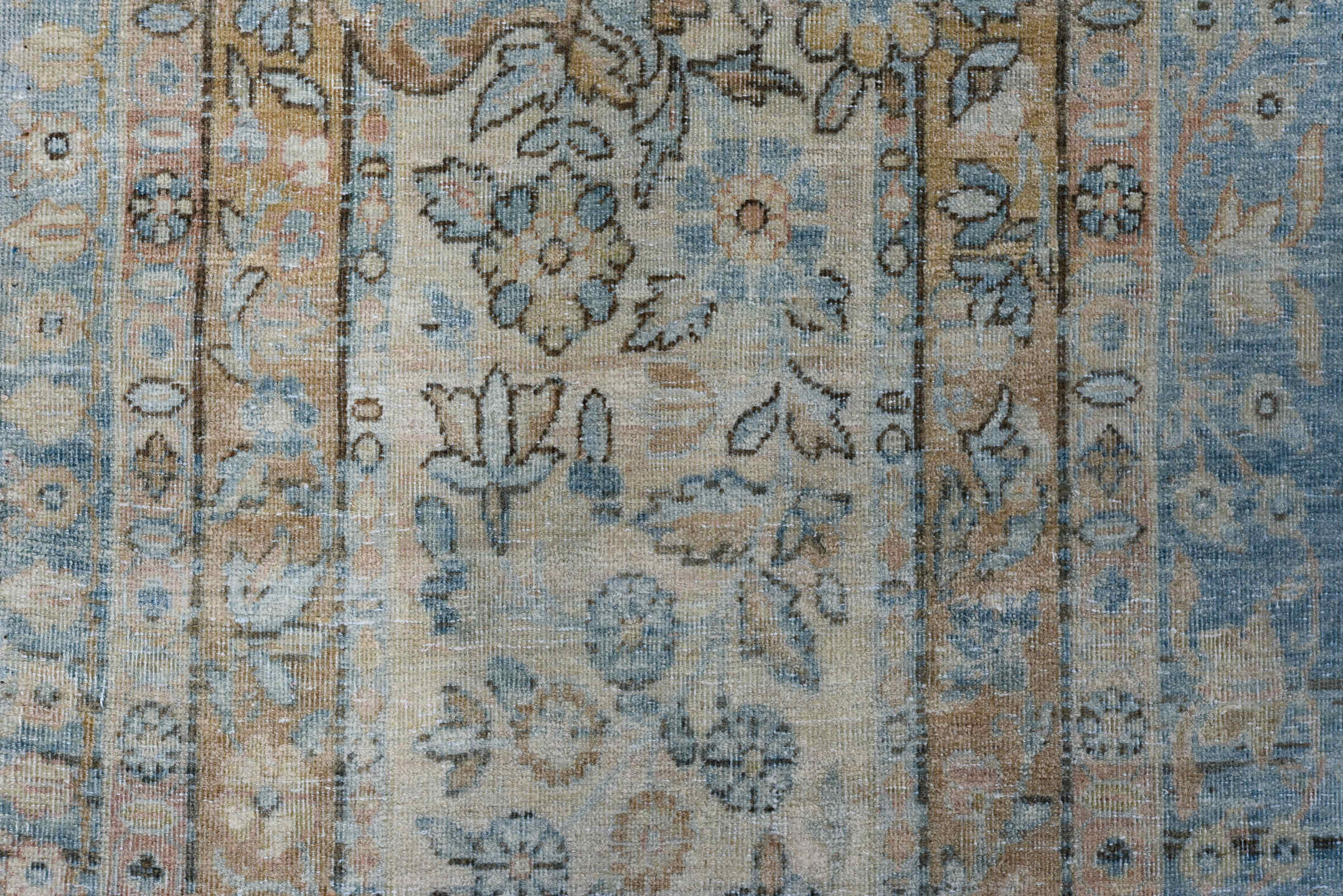 9' x 14' one-of-a-kind handmade antique Kerman large size rug. Color palette: sky blue, ivory, slate, taupe, beige