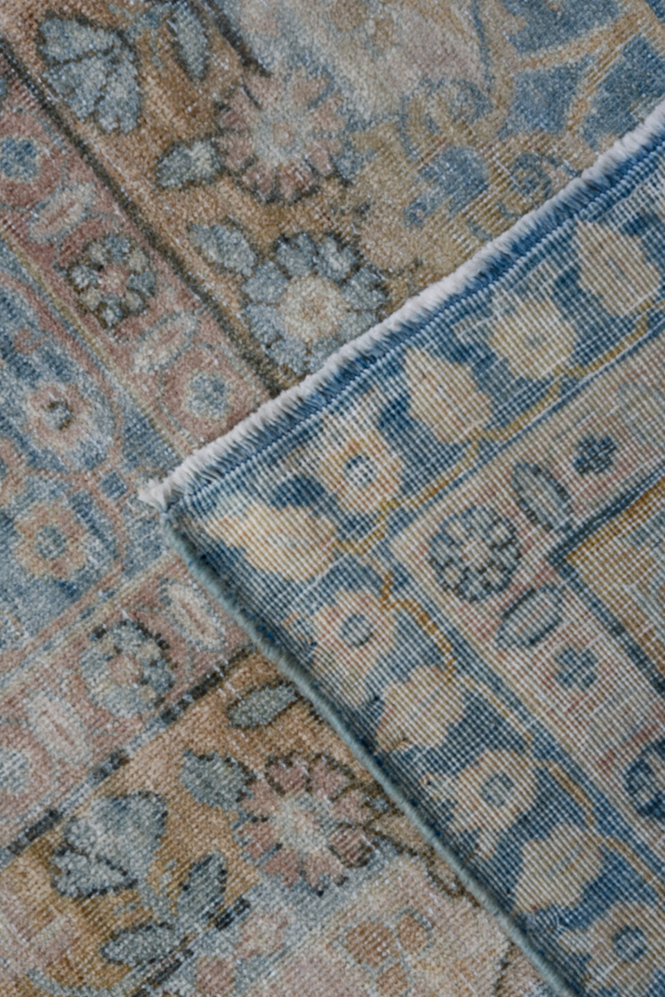 9' x 14' one-of-a-kind handmade antique Kerman large size rug. Color palette: sky blue, ivory, slate, taupe, beige