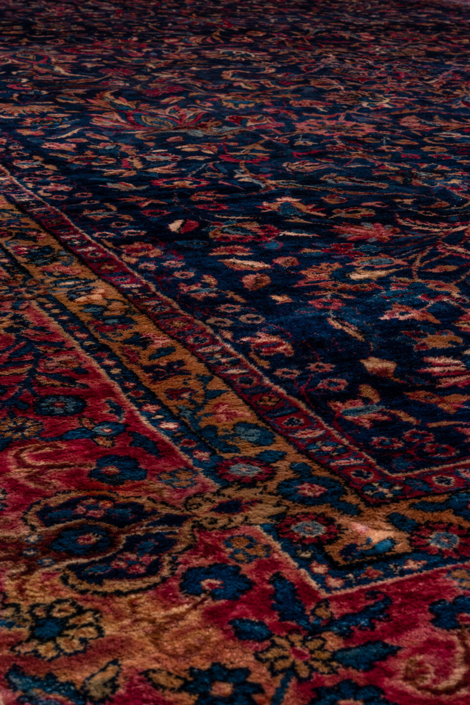 9' x 14' one-of-a-kind handmade antique Kerman large size rug. Color palette: sky blue, ivory, slate, taupe, beige