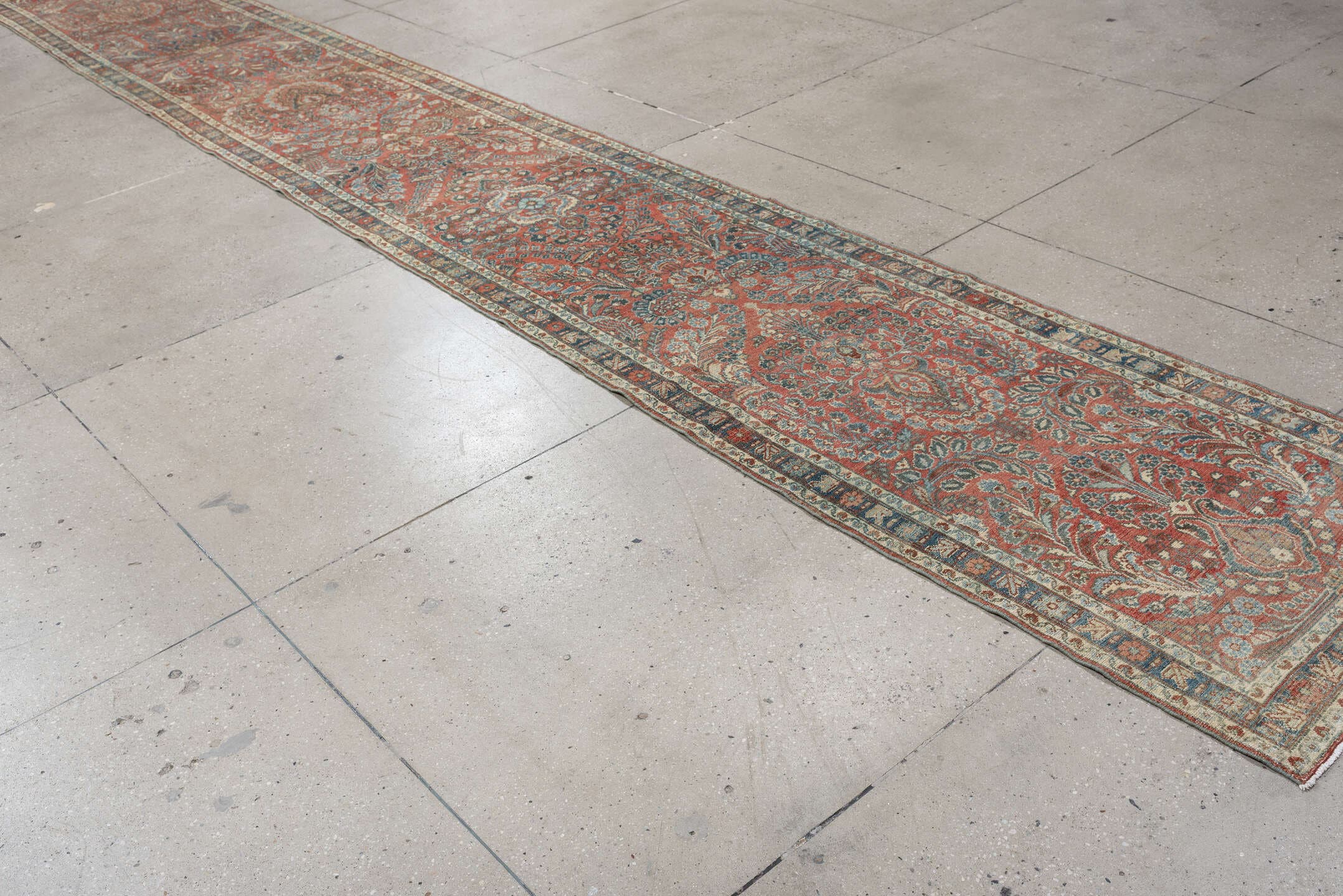 2' x 24' one-of-a-kind handmade vintage Dargazin runner rug. Color palette: terracotta, ivory, slate, dusty blue, camel
