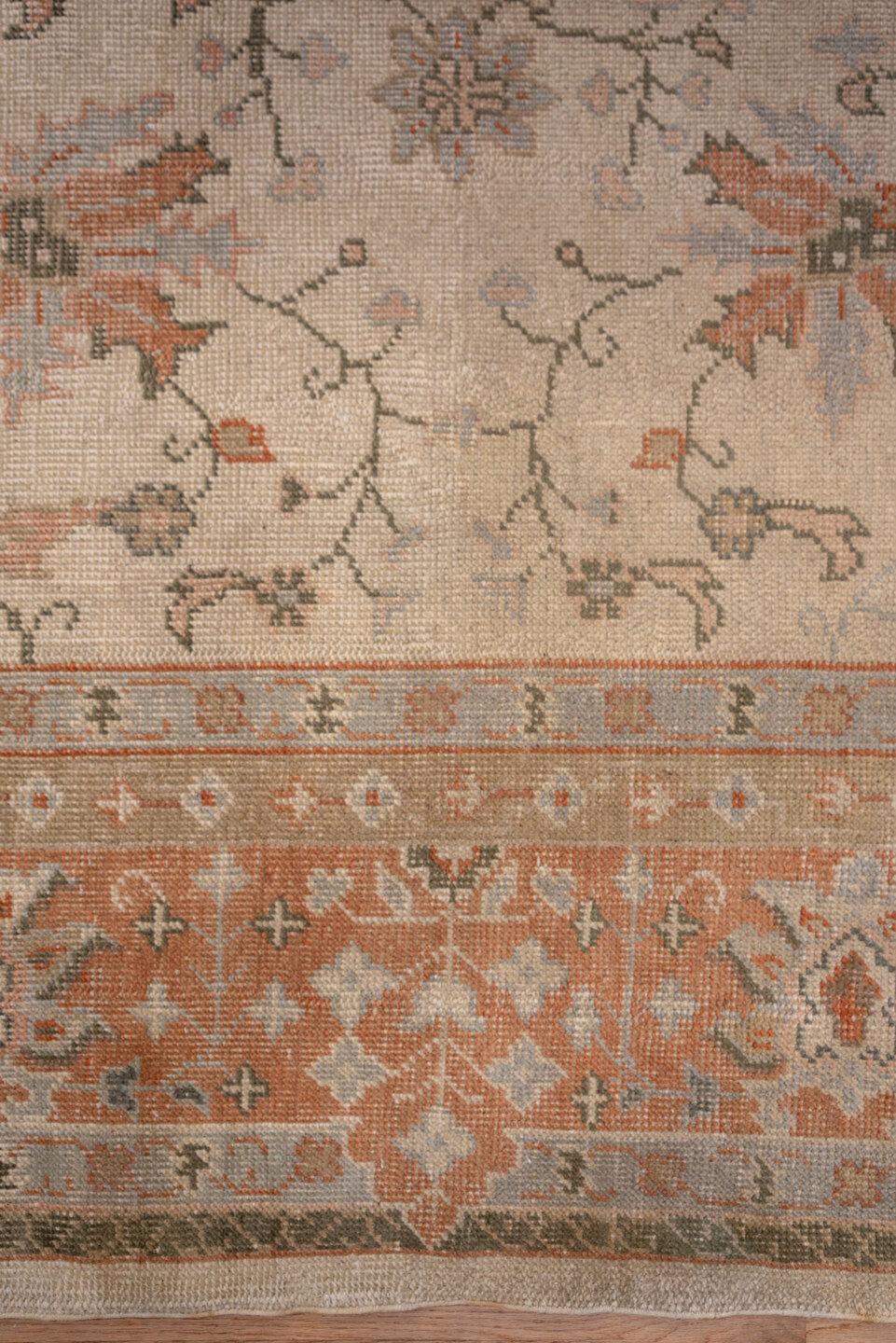 13' x 20' one-of-a-kind handmade antique Oushak oversize rug. Color palette: ivory, peach, taupe, sage, camel, terracotta