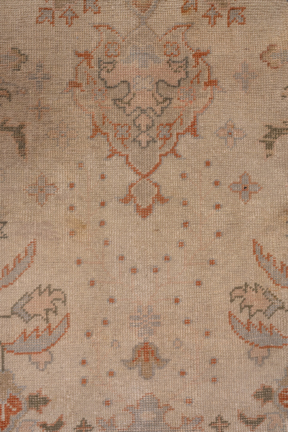 13' x 20' one-of-a-kind handmade antique Oushak oversize rug. Color palette: ivory, peach, taupe, sage, camel, terracotta