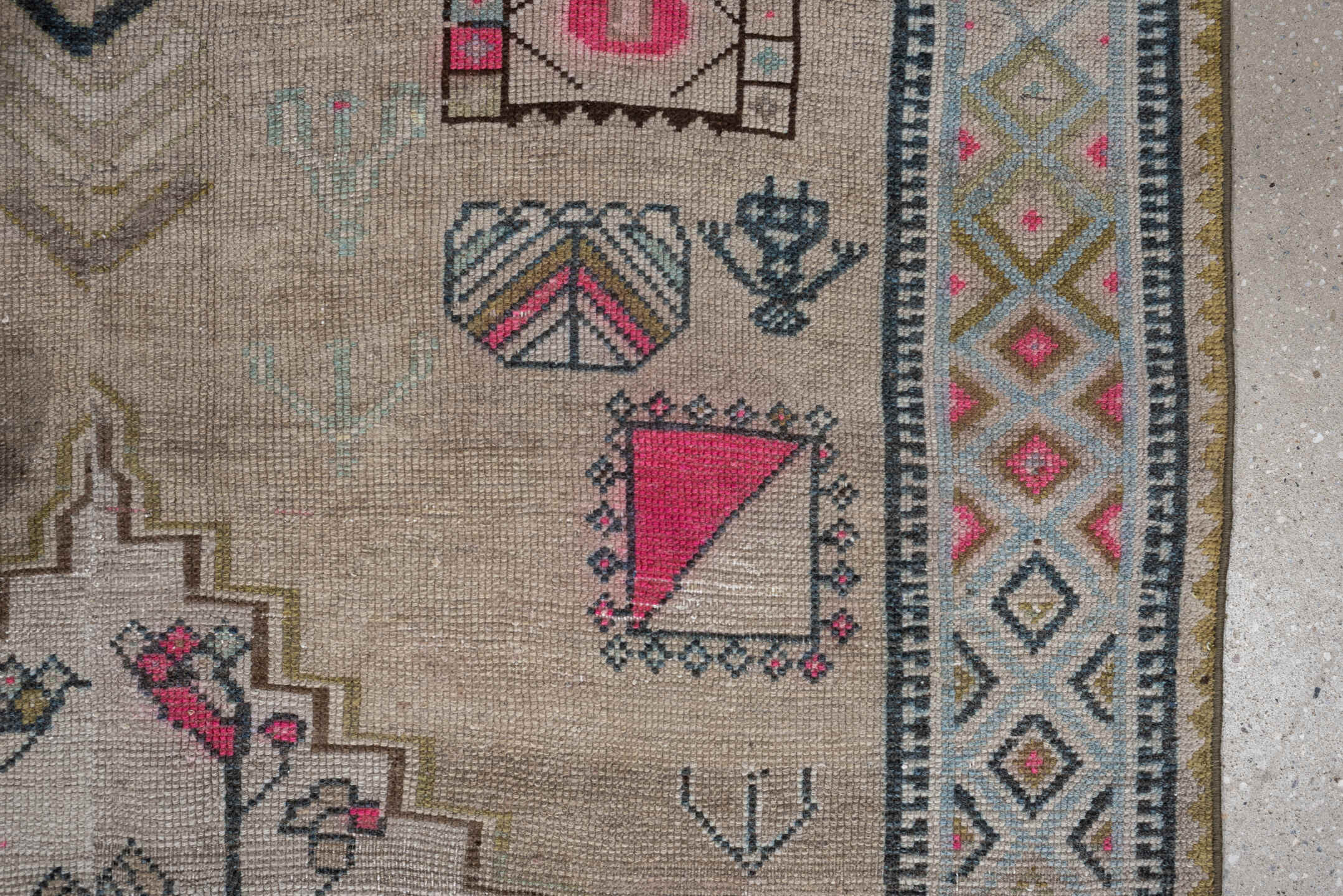 4' x 8' one-of-a-kind handmade vintage Gabbe medium size rug. Color palette: taupe, ivory, charcoal, sky blue, fuchsia
