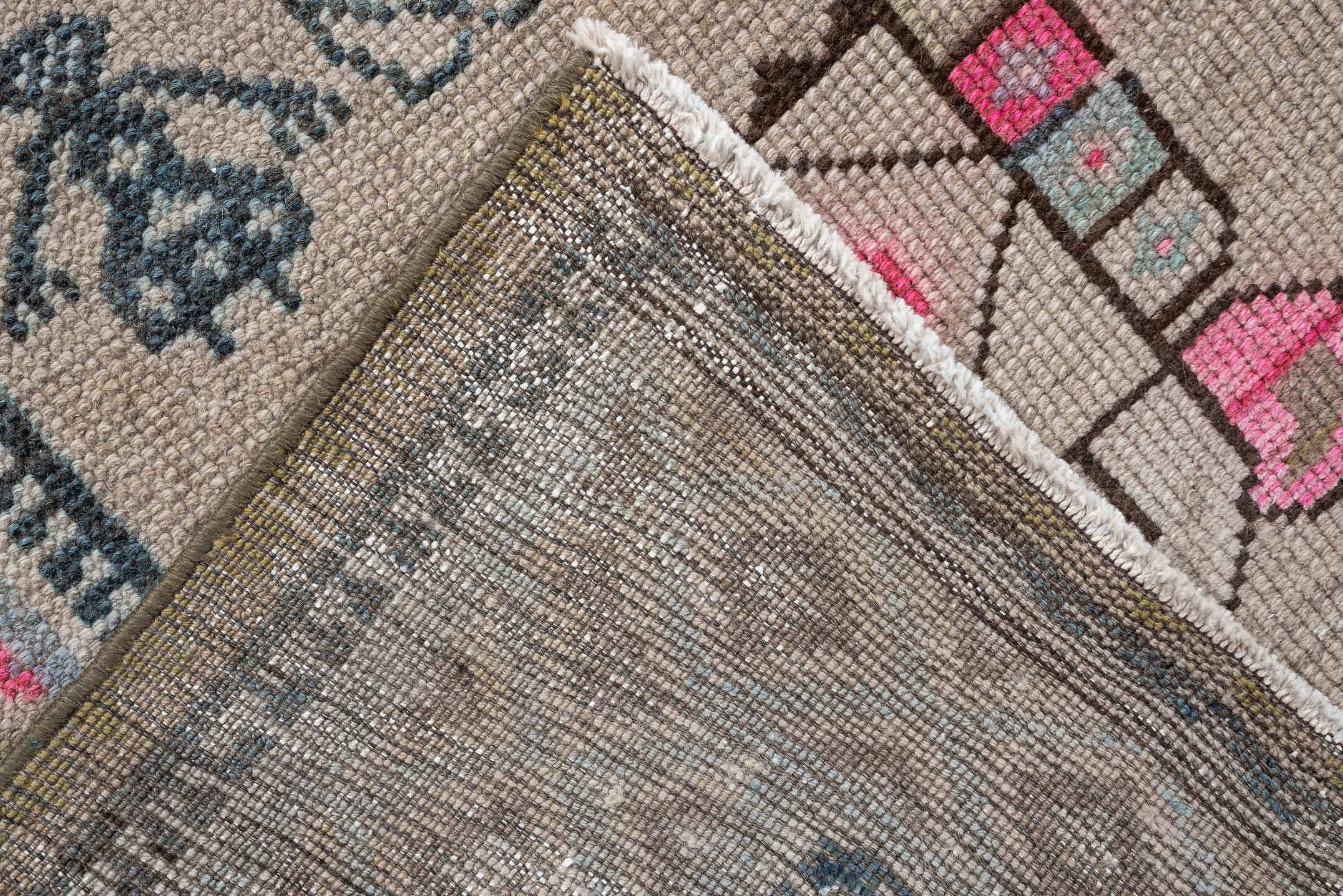 4' x 8' one-of-a-kind handmade vintage Gabbe medium size rug. Color palette: taupe, ivory, charcoal, sky blue, fuchsia