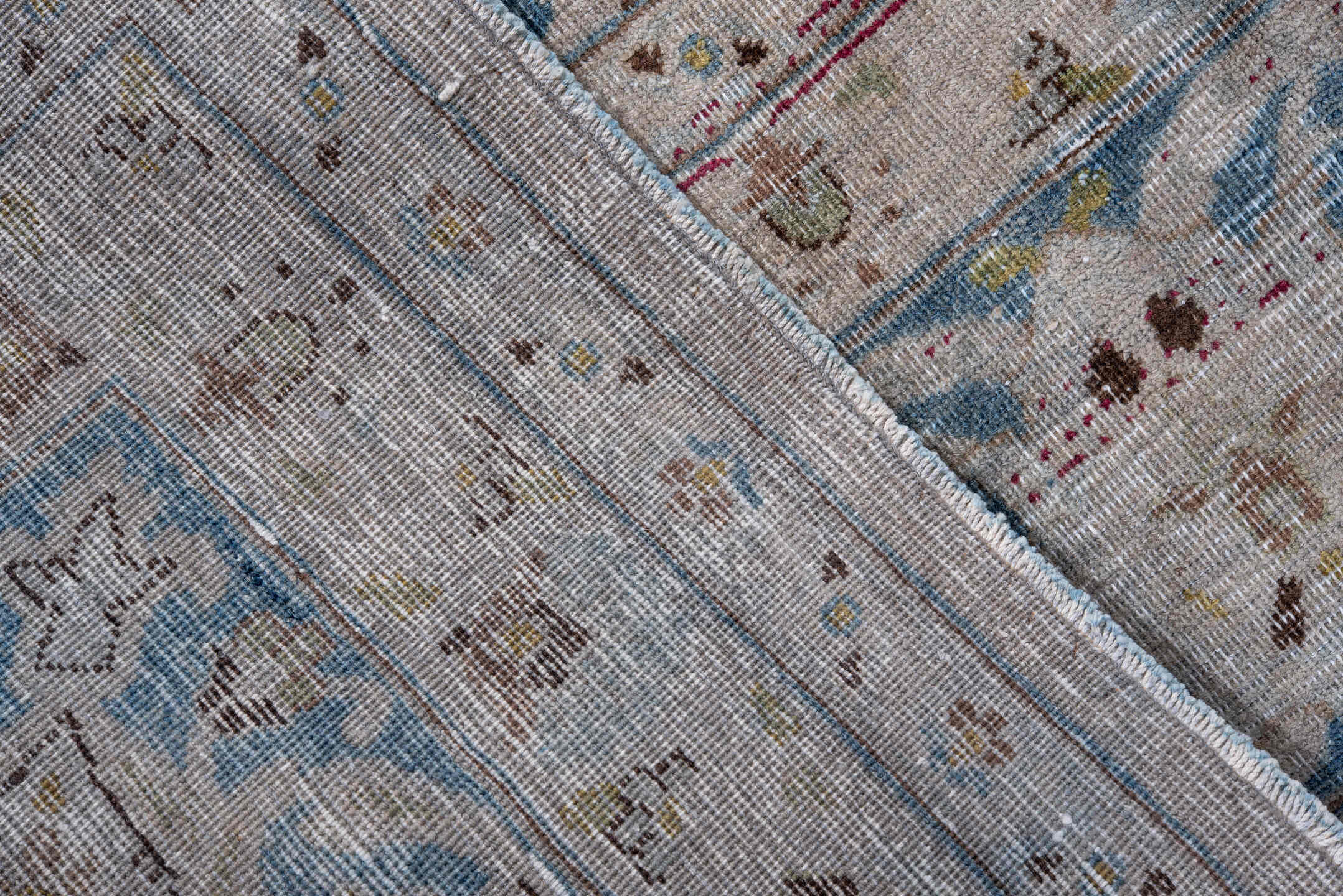 8' x 10' one-of-a-kind handmade antique Meshed large size rug. Color palette: ivory, raspberry, sky blue, taupe, sage, brown
