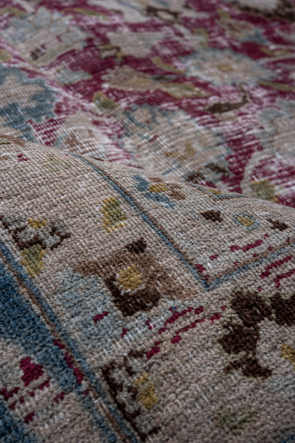8' x 10' one-of-a-kind handmade antique Meshed large size rug. Color palette: ivory, raspberry, sky blue, taupe, sage, brown