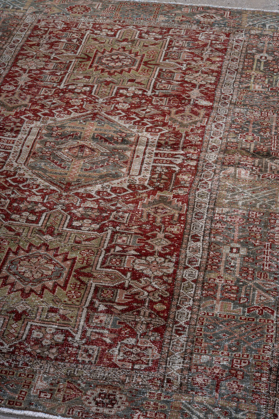 4' x 6' one-of-a-kind handmade antique Karaje small size rug. Color palette: rust, blue_gray, ivory, sage, taupe, burgundy