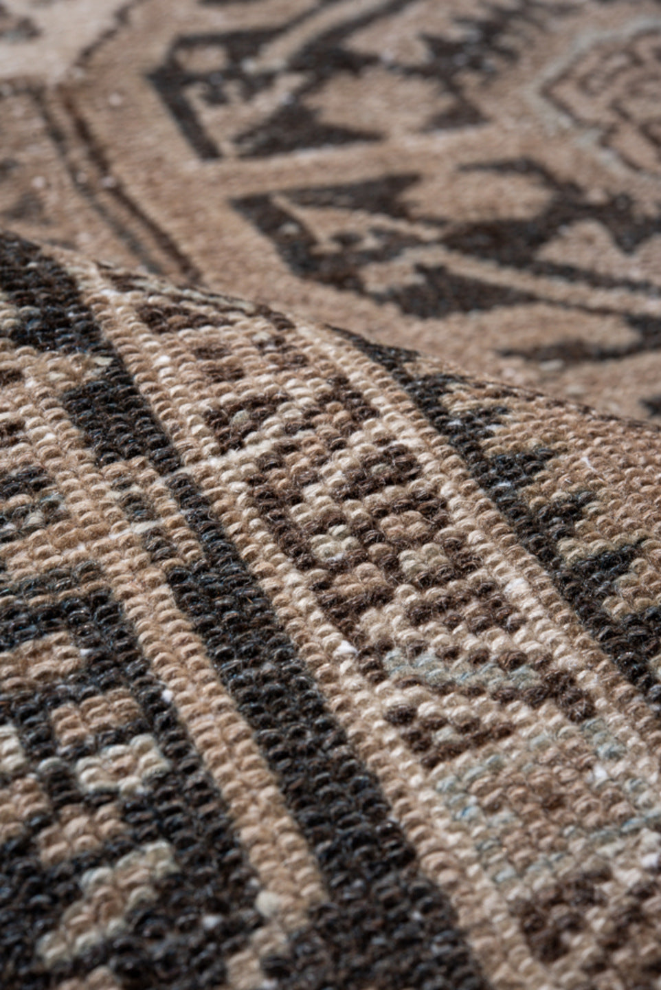 4' x 6' one-of-a-kind handmade vintage Karaje small size rug. Color palette: black, blue, brown, charcoal, dim gray, gray