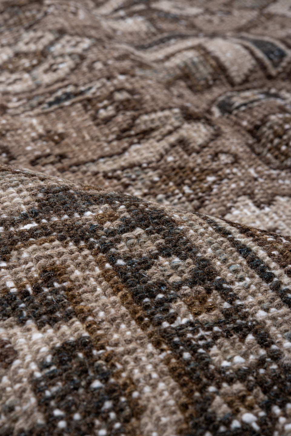 7' x 10' one-of-a-kind handmade antique Heriz large size rug. Color palette: taupe, brown, ivory, charcoal, beige, slate