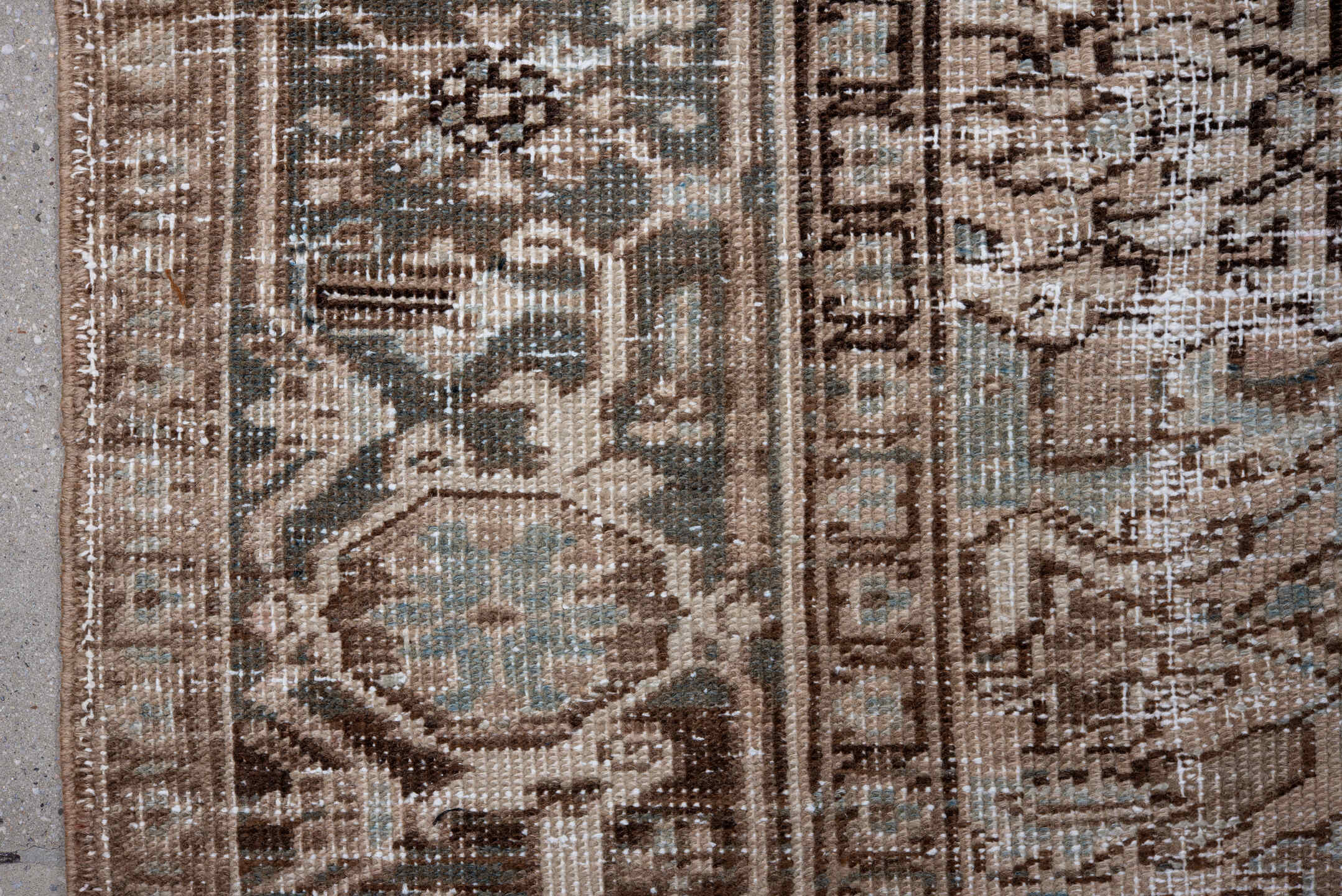 7' x 10' one-of-a-kind handmade antique Heriz large size rug. Color palette: taupe, brown, ivory, charcoal, sage, camel