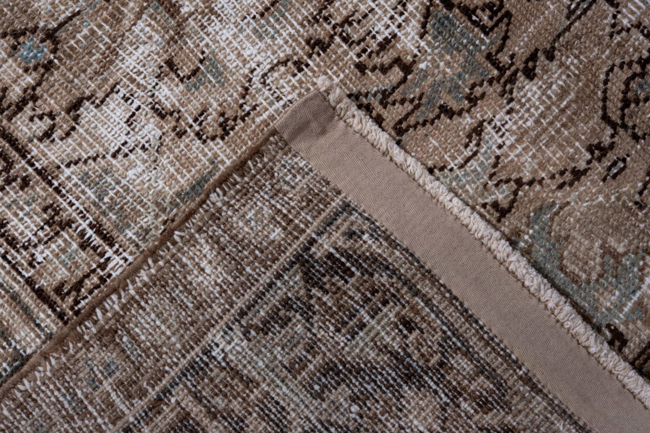 7' x 10' one-of-a-kind handmade antique Heriz large size rug. Color palette: taupe, brown, ivory, charcoal, sage, camel