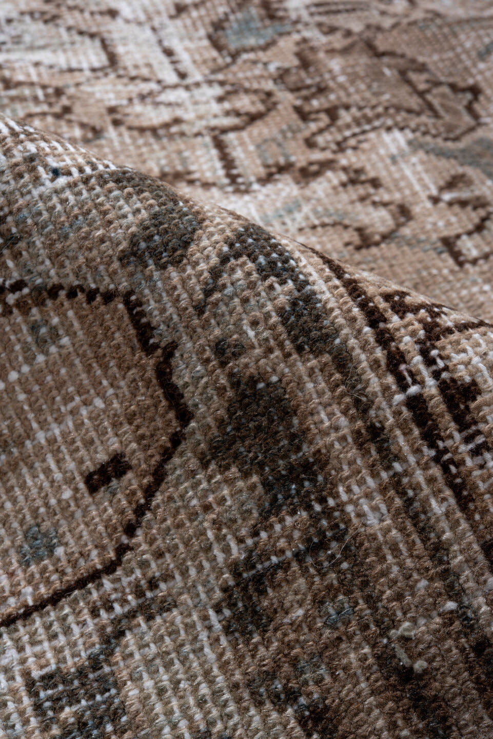 7' x 10' one-of-a-kind handmade antique Heriz large size rug. Color palette: taupe, brown, ivory, charcoal, sage, camel
