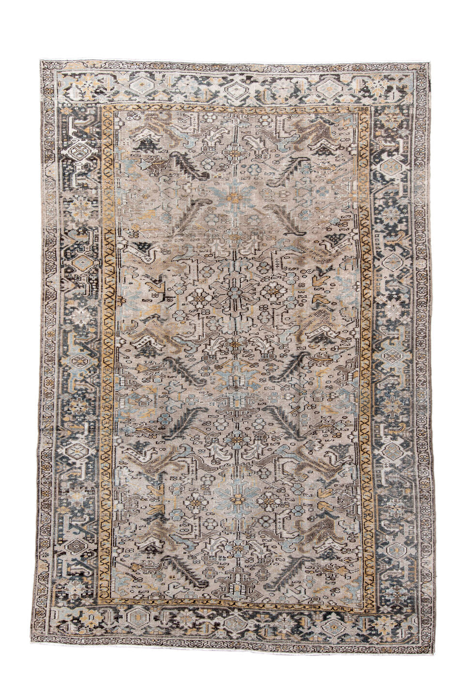 7' x 11' one-of-a-kind handmade antique Heriz large size rug. Color palette: taupe, ivory, charcoal, slate, gold, pale blue