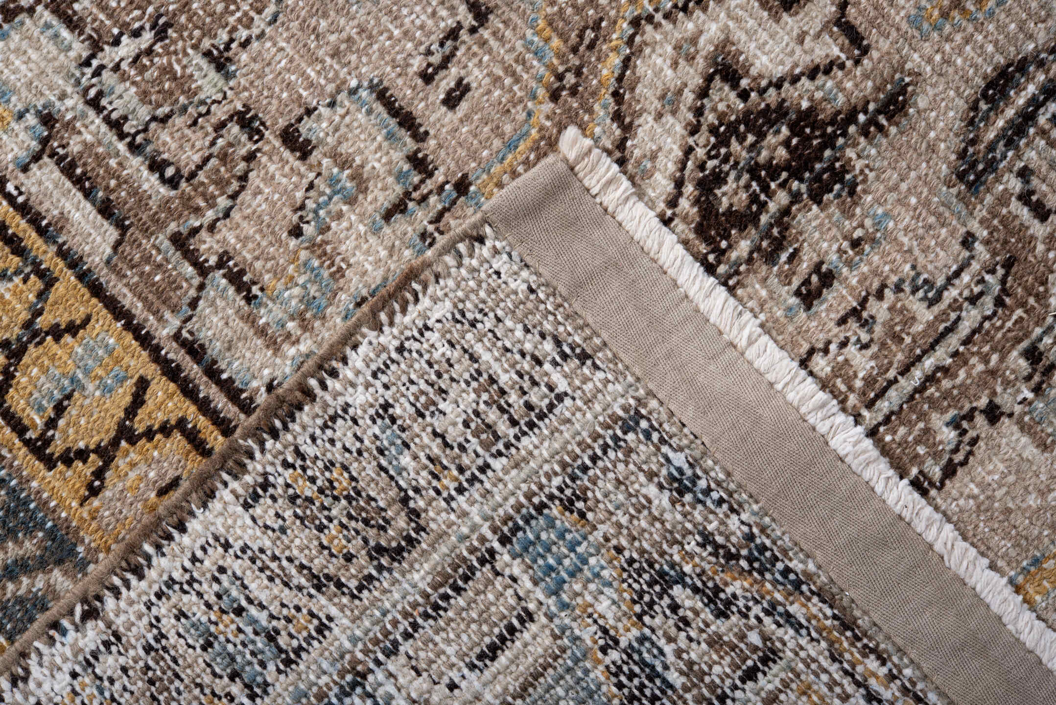 7' x 11' one-of-a-kind handmade antique Heriz large size rug. Color palette: taupe, ivory, charcoal, slate, gold, pale blue