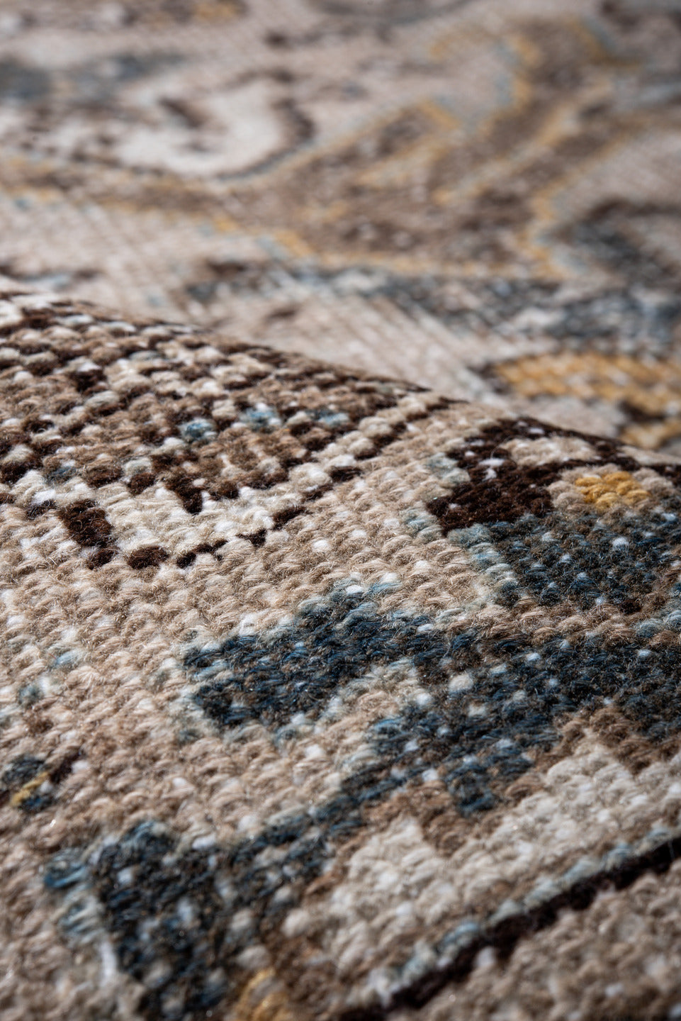 7' x 11' one-of-a-kind handmade antique Heriz large size rug. Color palette: taupe, ivory, charcoal, slate, gold, pale blue