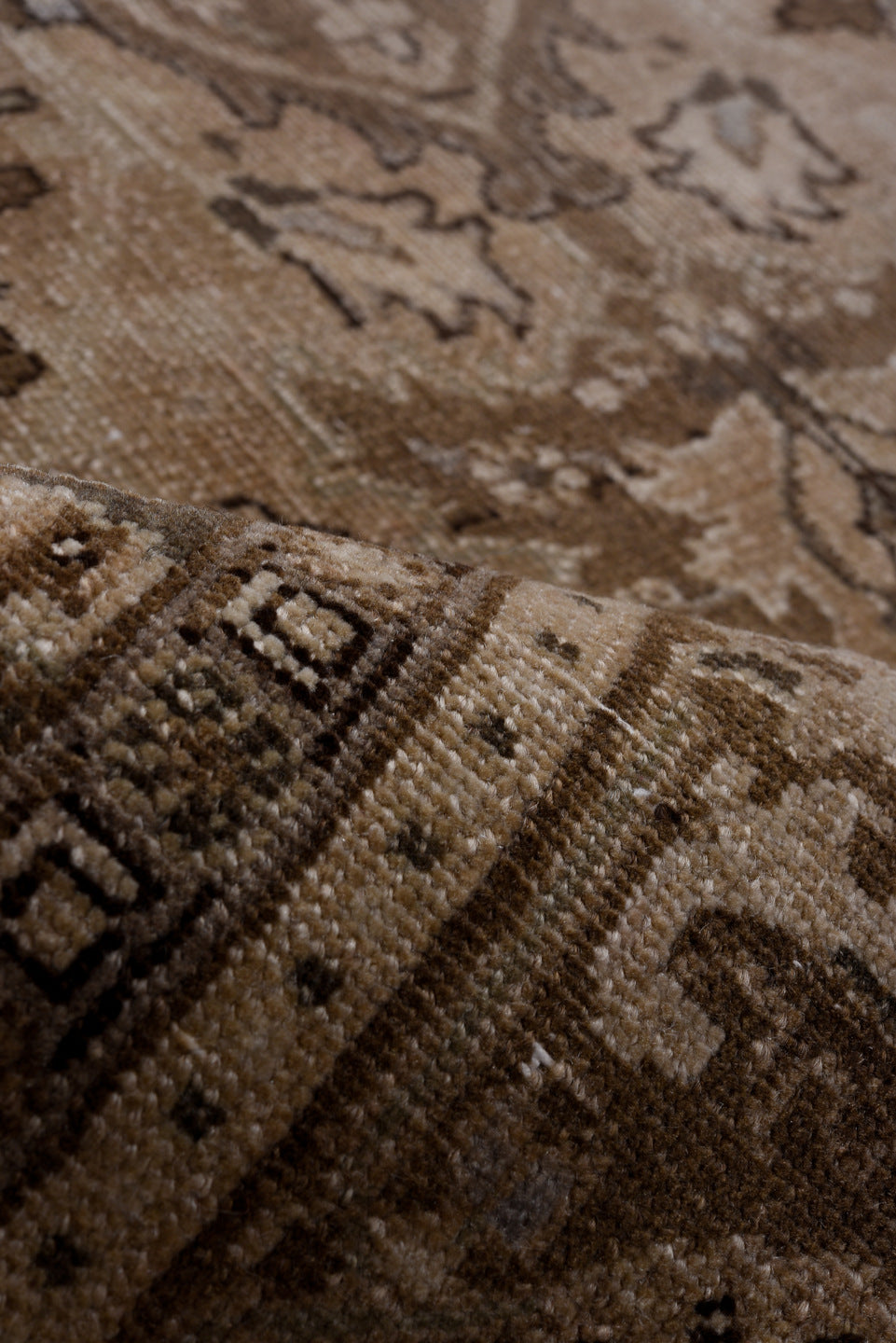 6' x 9' one-of-a-kind handmade antique Heriz medium size rug. Color palette: taupe, beige, brown, ivory, pale blue, charcoal