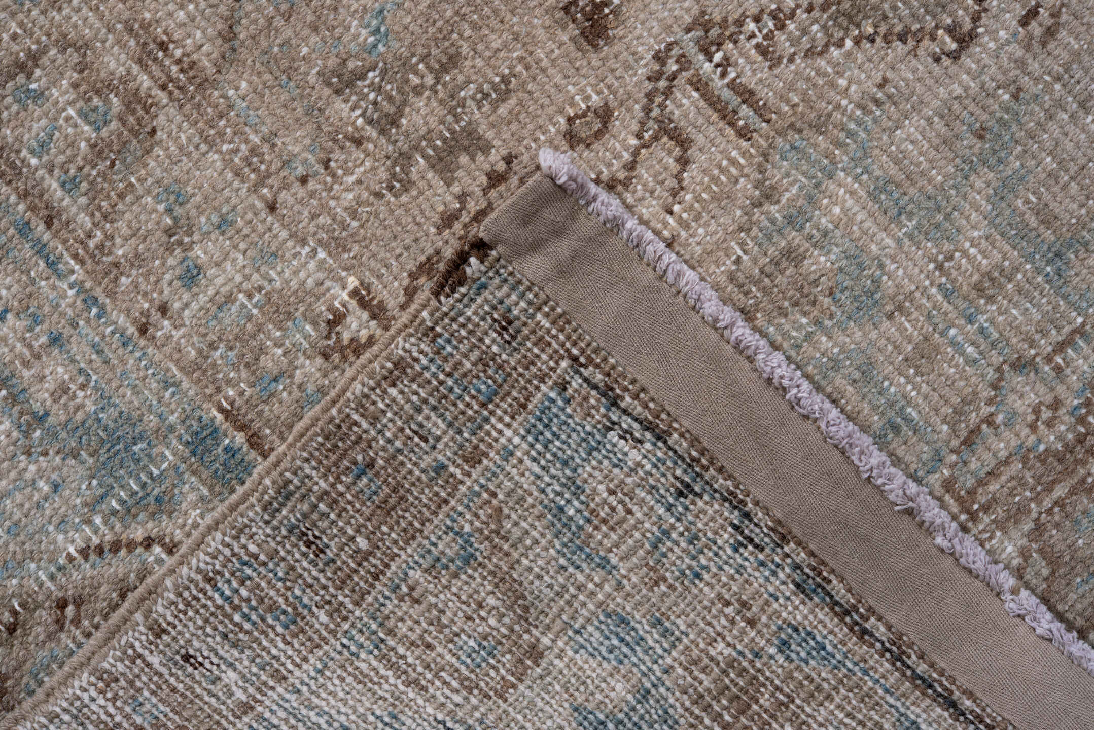 7' x 10' one-of-a-kind handmade antique Heriz large size rug. Color palette: ivory, sky blue, taupe, beige, camel, brown