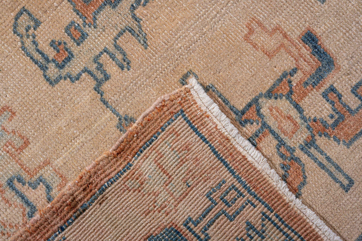 7' x 10' one-of-a-kind handmade antique Oushak large size rug. Color palette: ivory, peach, denim, sky blue, terra cotta