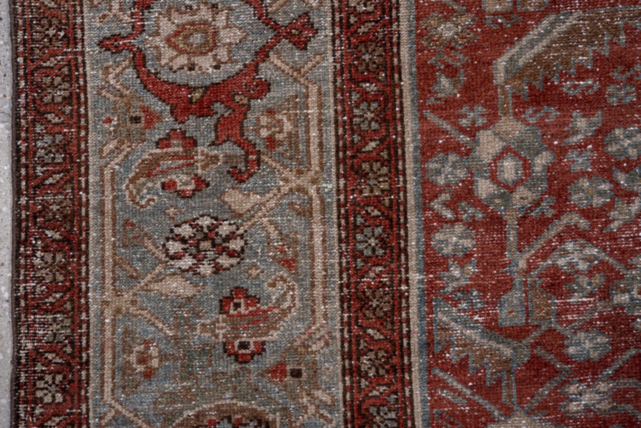 4' x 6' one-of-a-kind handmade antique Malayer small size rug. Color palette: rust, ivory, pale blue, taupe, brick, sage