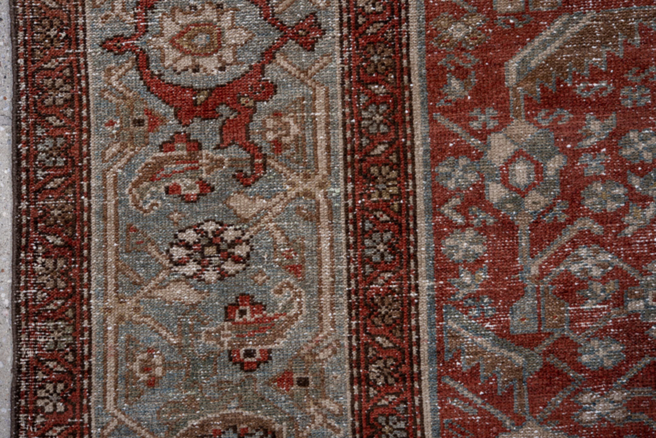 4' x 6' one-of-a-kind handmade antique Malayer small size rug. Color palette: rust, ivory, pale blue, taupe, brick, sage