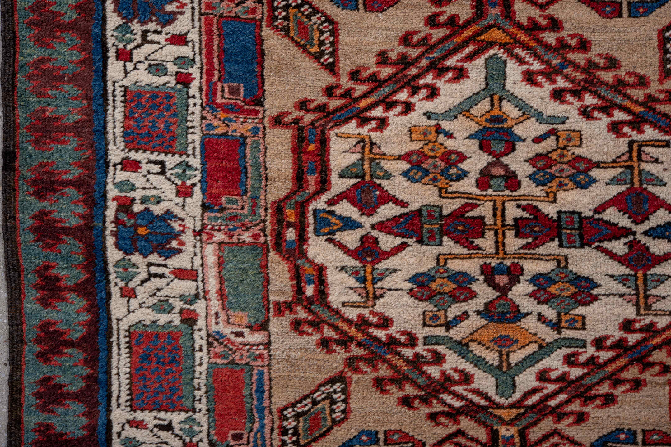 3' x 15' one-of-a-kind handmade antique Sarab runner rug. Color palette: ivory, rust, indigo, crimson, navy, camel, blue