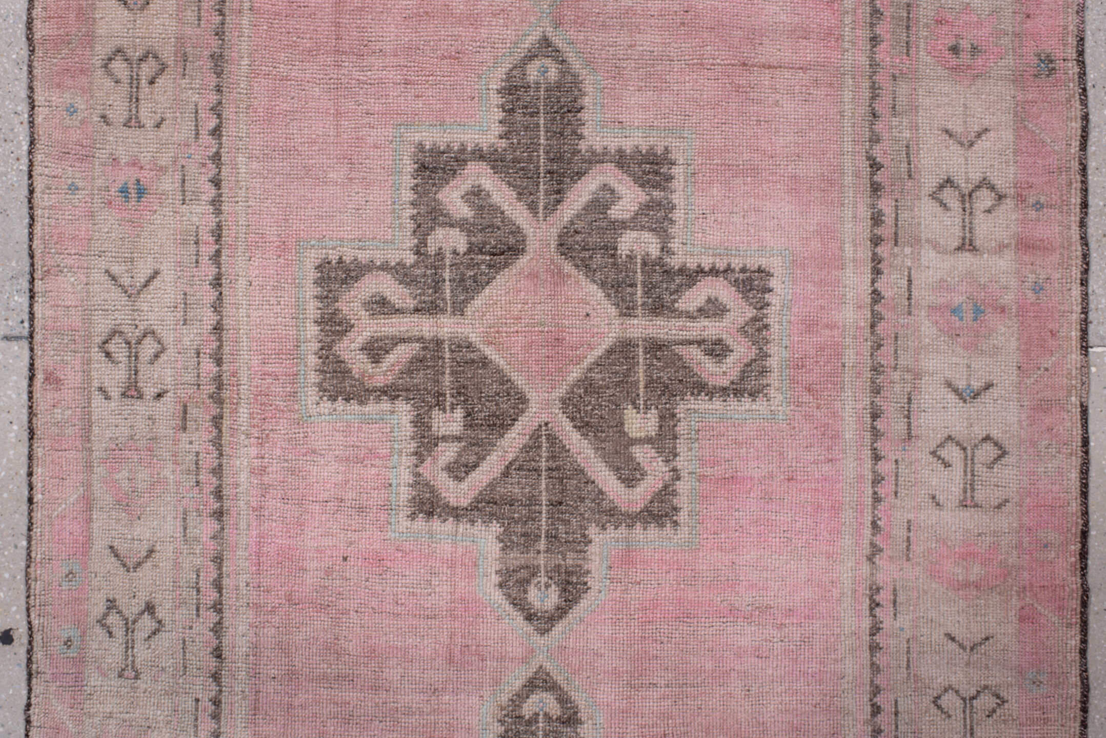 4' x 13' one-of-a-kind handmade antique Oushak runner rug. Color palette: blush, ivory, taupe, charcoal, rose, pale blue
