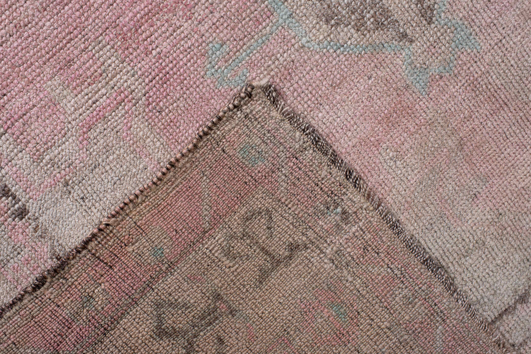 4' x 13' one-of-a-kind handmade antique Oushak runner rug. Color palette: blush, ivory, taupe, charcoal, rose, pale blue