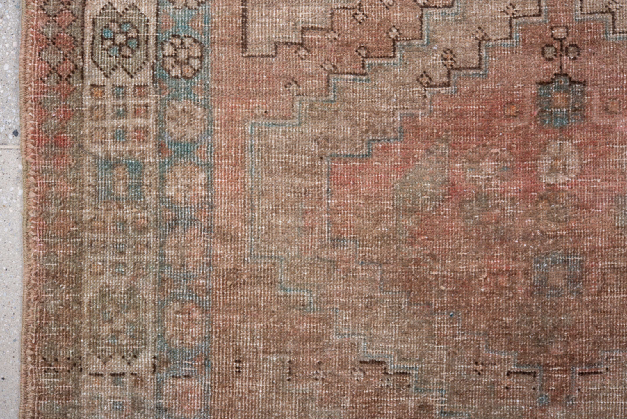 3' x 9' one-of-a-kind handmade antique Sarab runner rug. Color palette: rose, ivory, taupe, sky_blue, brown, camel, charcoal