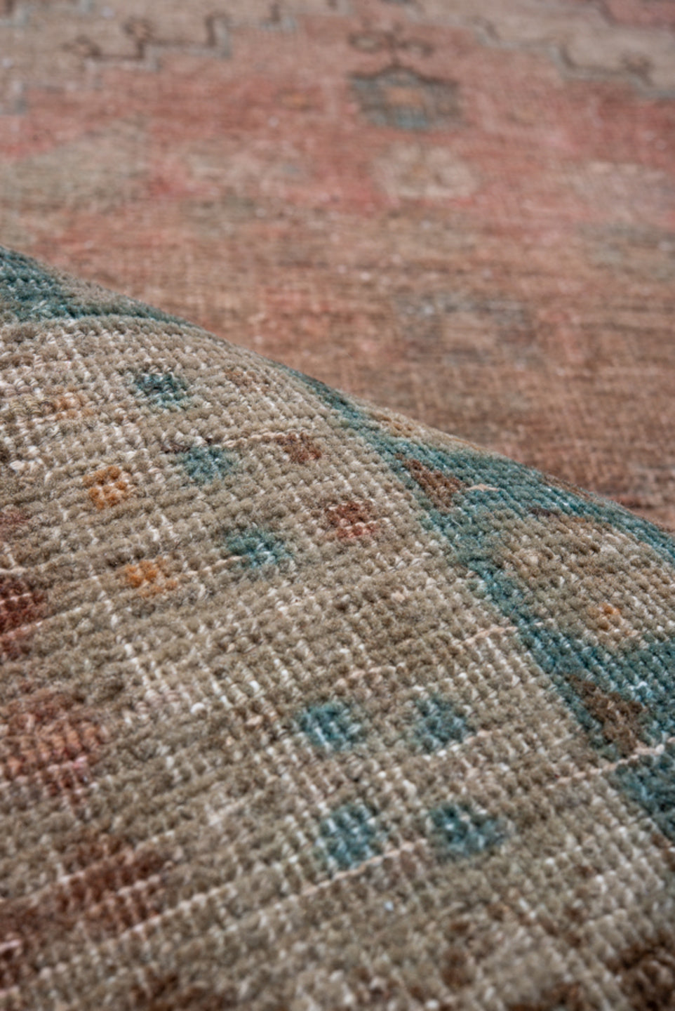 3' x 9' one-of-a-kind handmade antique Sarab runner rug. Color palette: rose, ivory, taupe, sky_blue, brown, camel, charcoal