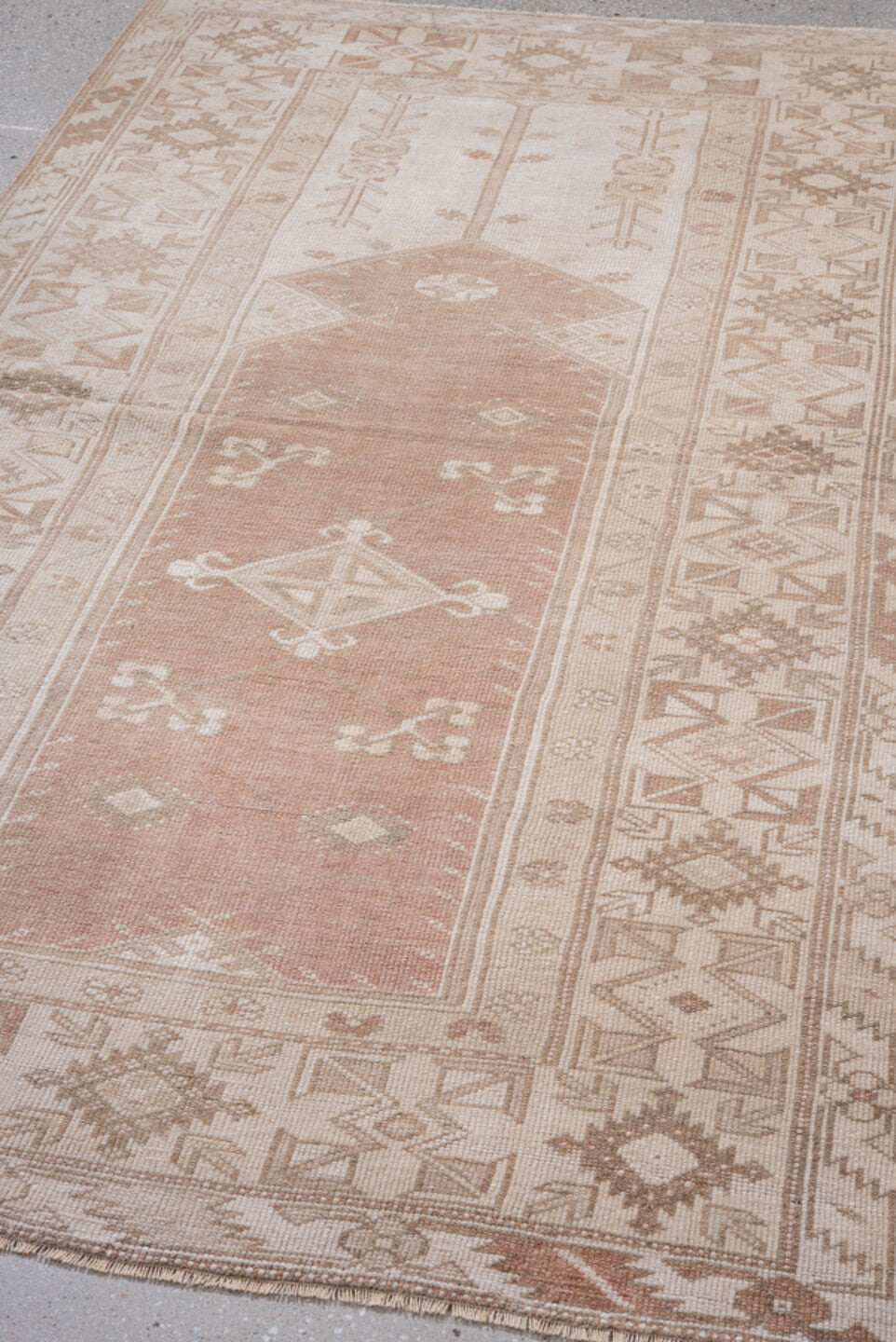 3' x 7' one-of-a-kind handmade vintage Oushak rug. Color palette: blush, ivory, taupe, camel, pink, beige, gray