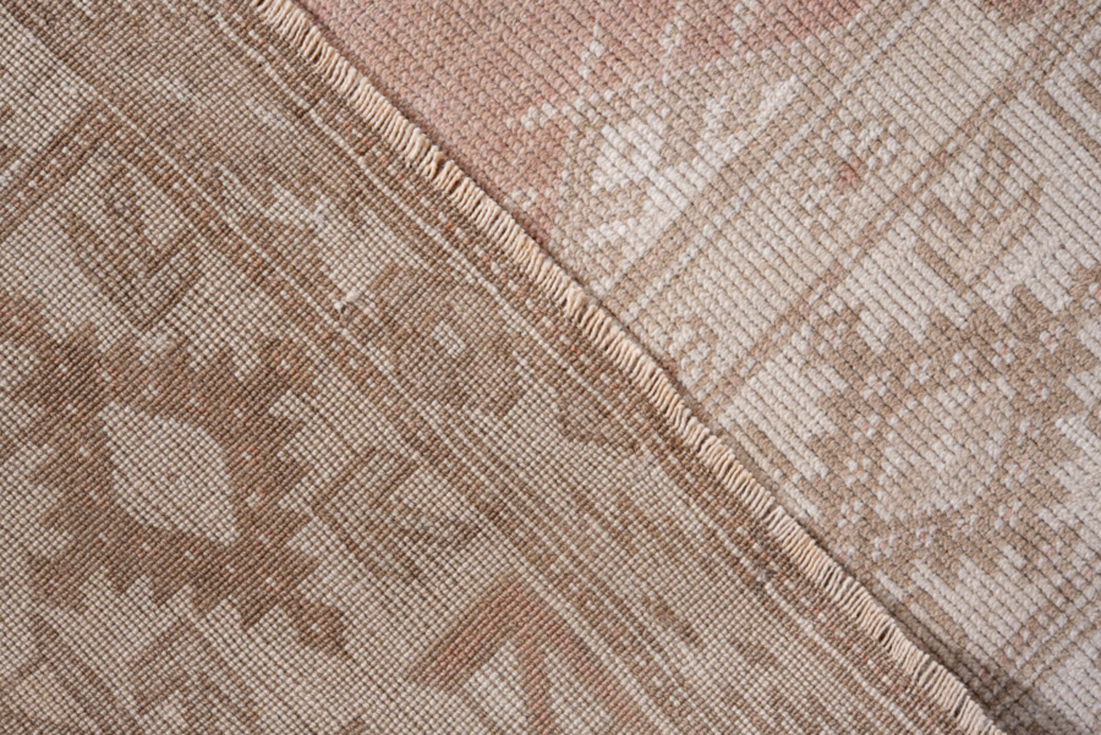 3' x 7' one-of-a-kind handmade vintage Oushak rug. Color palette: blush, ivory, taupe, camel, pink, beige, gray