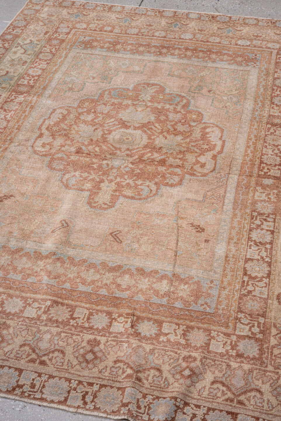 4' x 6' one-of-a-kind handmade antique Oushak small size rug. Color palette: blush, terracotta, ivory, pale blue, taupe