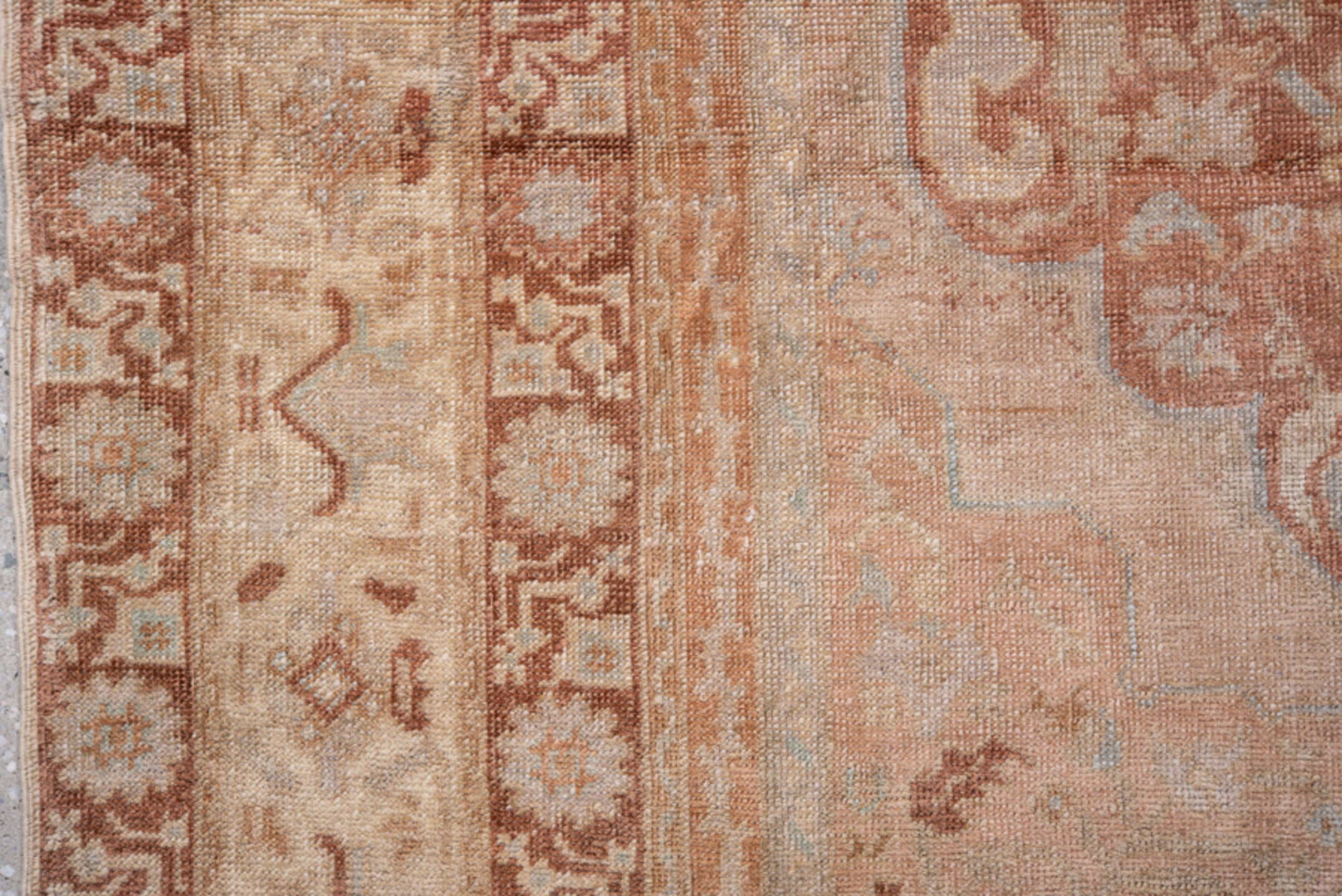 4' x 6' one-of-a-kind handmade antique Oushak small size rug. Color palette: blush, terracotta, ivory, pale blue, taupe